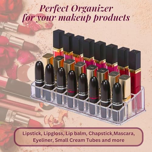 Black Olive Lipstick Holder-Acrylic Lipstick Organizer 24 Compartment Transparent Holder Stand Tray For Women Lipsticks Pencil Mascara Brush Perfume Cosmetics Storage Cosmetic Display Case(23 X 9 Cm) - Image 5