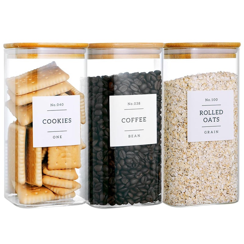 CZZGSM 3 Pack Square Glass Kitchen Storage Jars with Airtight Bamboo Lids and 132 Pantry Labels - 54oz Glass Canisters with Wood Lids - Food Storage for Sugar, Rice, Pasta, Cereal - Image 1
