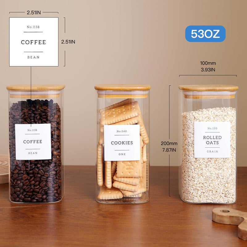 CZZGSM 3 Pack Square Glass Kitchen Storage Jars with Airtight Bamboo Lids and 132 Pantry Labels - 54oz Glass Canisters with Wood Lids - Food Storage for Sugar, Rice, Pasta, Cereal - Image 4