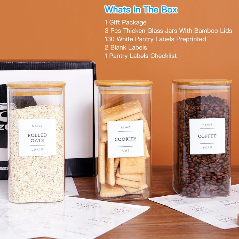 CZZGSM 3 Pack Square Glass Kitchen Storage Jars with Airtight Bamboo Lids and 132 Pantry Labels - 54oz Glass Canisters with Wood Lids - Food Storage for Sugar, Rice, Pasta, Cereal - Image 2