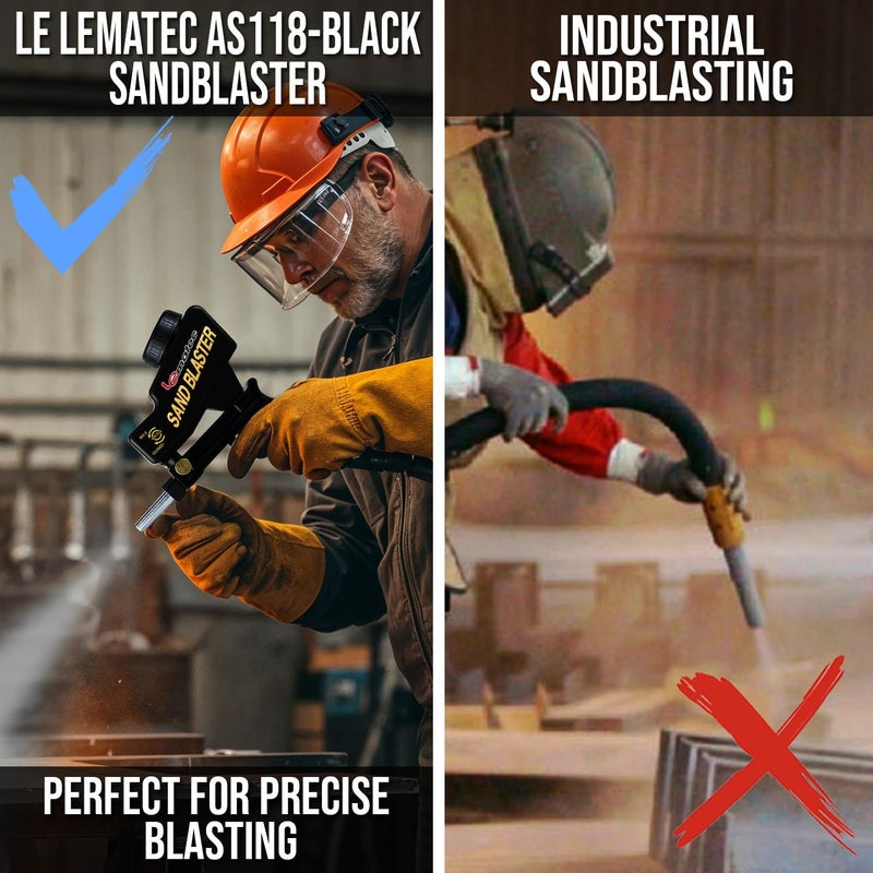 LE LEMATEC مجموعة مسدس الرمل LE LEMATEC لضاغط الهواء، مزيل للدهان/الصدأ للمعادن، الخشب ونقش الزجاج، حتى 150 PSI وسائط التفجير للألمنيوم، الرمل، قشور الجوز وبلستر الصودا، أسود (AS118) - Image 4