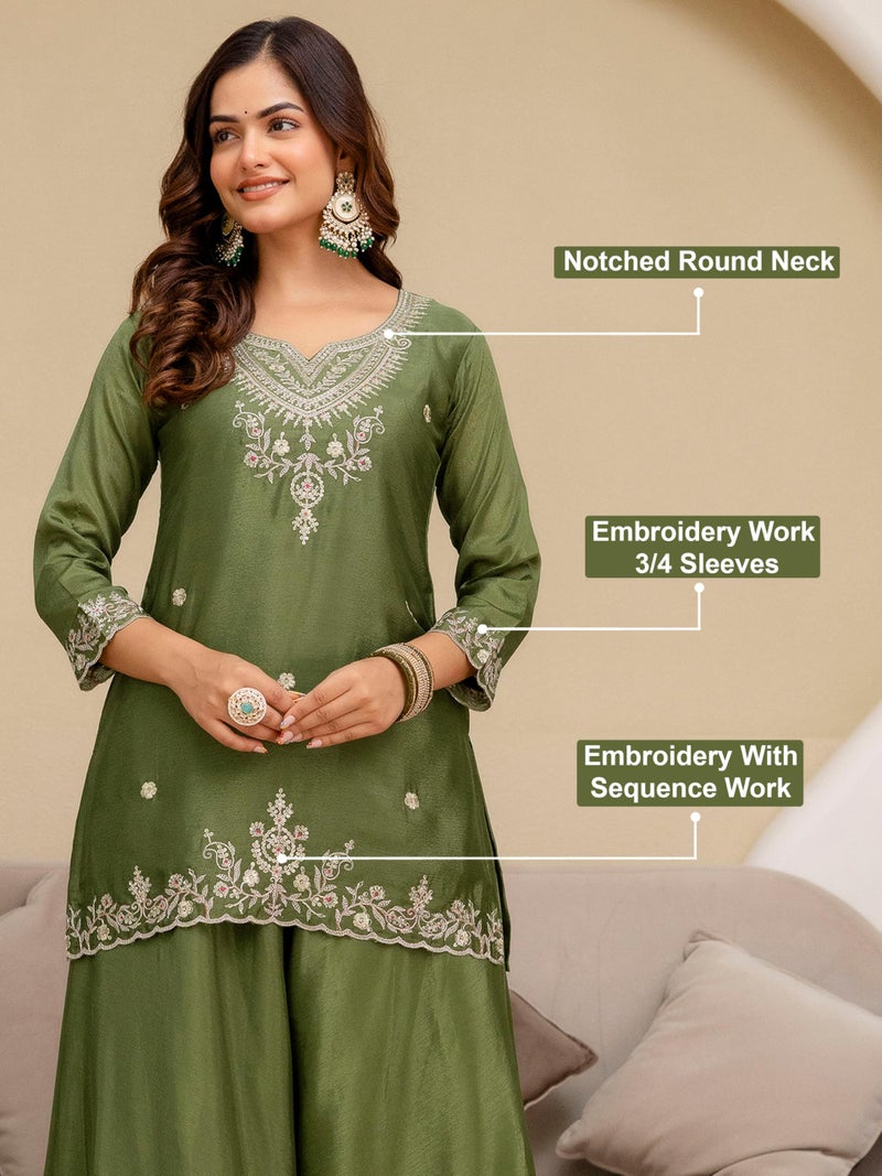 TRENDMALLS Women's Art Silk Embroidery Sequence Work Kurta Palazzo Set with Dupatta (G400-Mehndi-XXL) - Image 4