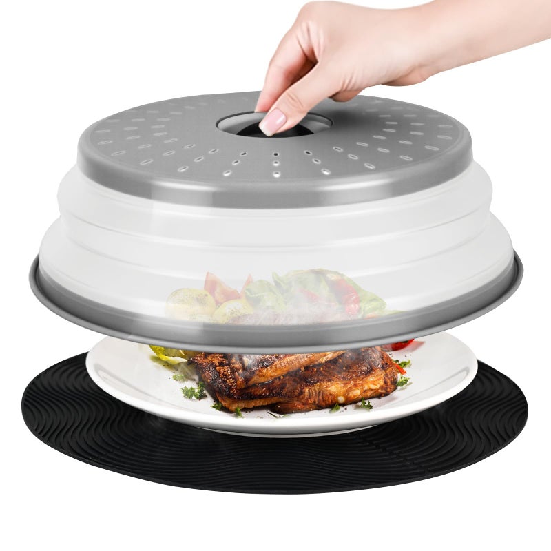 WENWELL 12" Microwave Splatter Cove& 12"Mat,Large Vented Collapsible Guard dish Plate lid Microwave food Cover ，& Silicone Round Kitchen mat for food,Cooking Splash Guard with Handle - Image 1