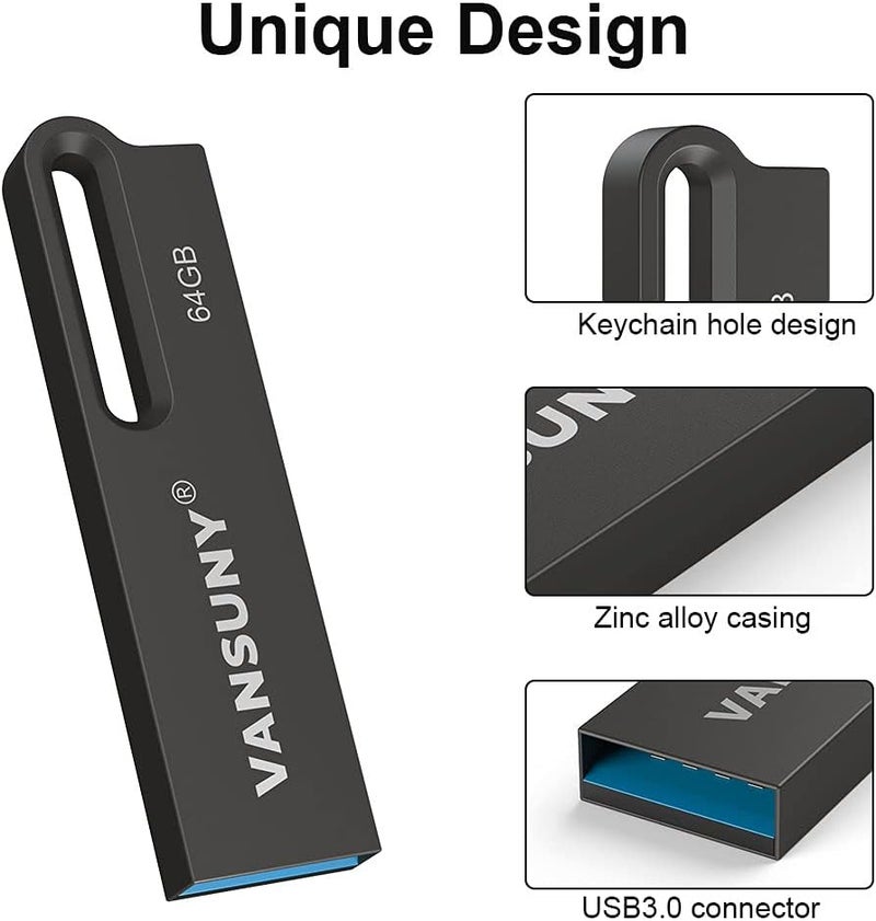 مجموعة Vansuny المكونة من 5 وحدات تخزين USB 3.0 سعة 64GB، وحدات تخزين فلاش معدنية مقاومة للماء، عصي ذاكرة فائقة السرعة، محركات إبهام محمولة لأجهزة الكمبيوتر/الأجهزة اللوحية/ماك/لابتوب - Image 4