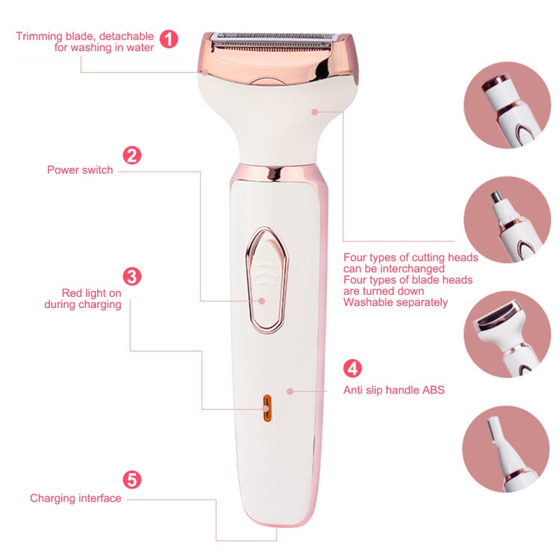 4-IN-1 Women's Electric Hair Remover Rechargeable Body Hair Removal Tool Set Nose Hair Lip Hair Eyebrow Trimmer Face Body Hair Grooming Set for Women - Image 5