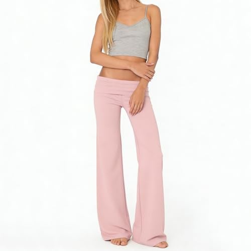 FOMOYUU Lounge Yoga Pants for Women Fold Over Low Waist Wide Leg Sweatpants Flare Leggings Bell Bottoms Y2K Foldover Pants Pink S - Image 3