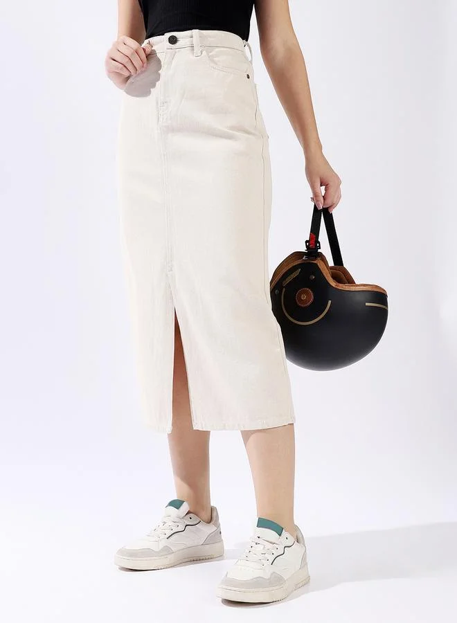 هاي ستار تنورة جينز نسائية متوسطة الطول بخصر عالٍ وفتحة جانبية أمامية من القطن