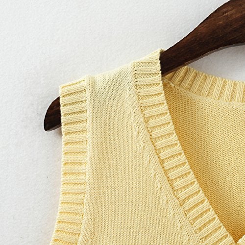 Betonsa Men Women Knitted Cotton V-Neck Vest JK Uniform Pullover Sleeveless Sweater School Cardigan Yellow - Image 4