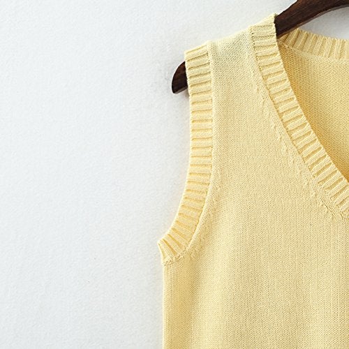 Betonsa Men Women Knitted Cotton V-Neck Vest JK Uniform Pullover Sleeveless Sweater School Cardigan Yellow - Image 3