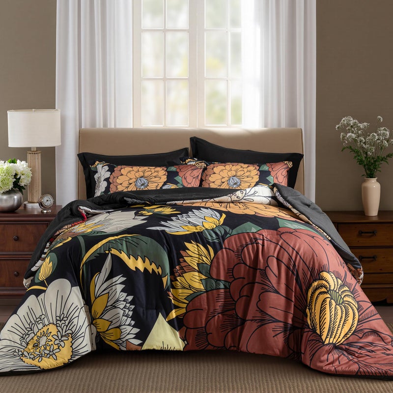 Tyrot Black Boho Floral King Comforter Set - 3 Piece Farmhouse Botanical Bedding Comforter Sets for All Season Soft Lightweight Mid Century Bed Set, (1 Reversible Comforter and 2 Pillow Shams - Image 1