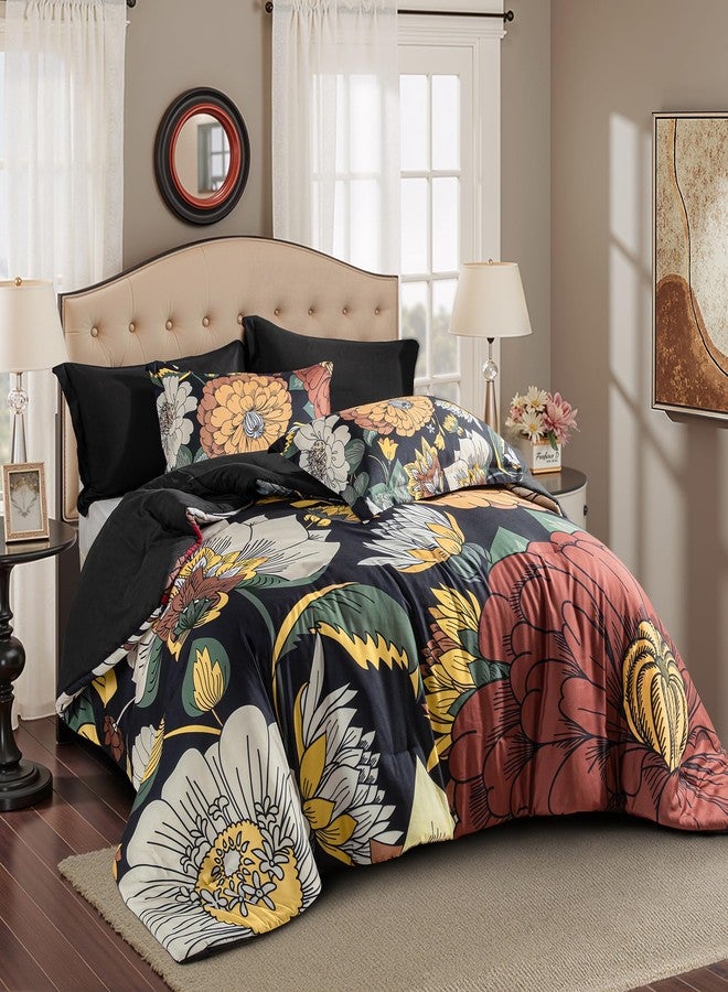 Tyrot Black Boho Floral King Comforter Set - 3 Piece Farmhouse Botanical Bedding Comforter Sets for All Season Soft Lightweight Mid Century Bed Set, (1 Reversible Comforter and 2 Pillow Shams - Image 3