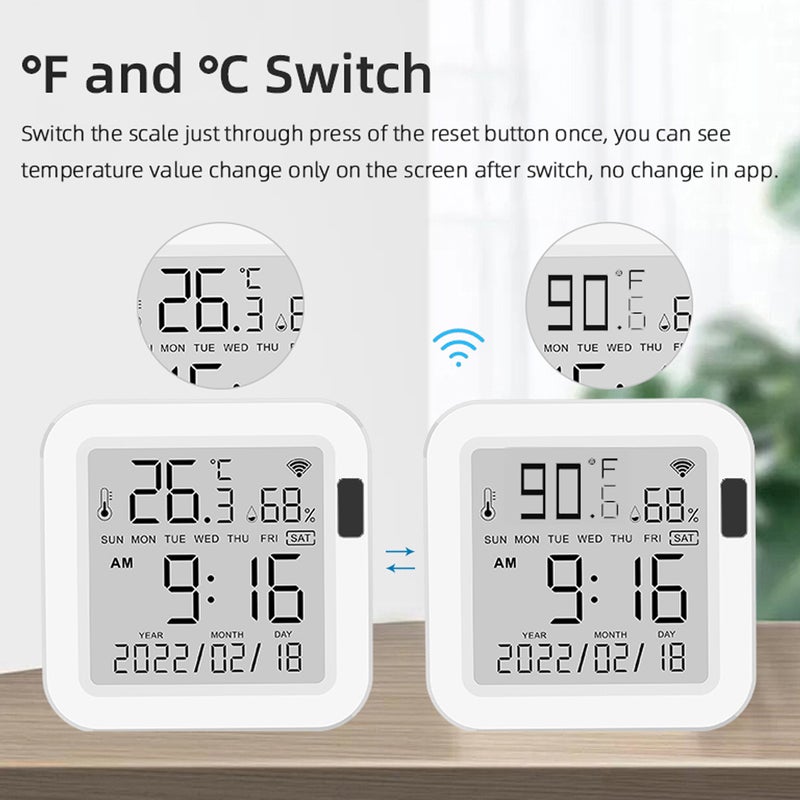 Tuya WiFi Intelligent USB Power Supplys Temperature Humidity Sensors Time Date Week Display Intelligent Home Office Bedroom Kitchen Living Room Hotel Temperature Humidity Sensors Large Display with - Image 5