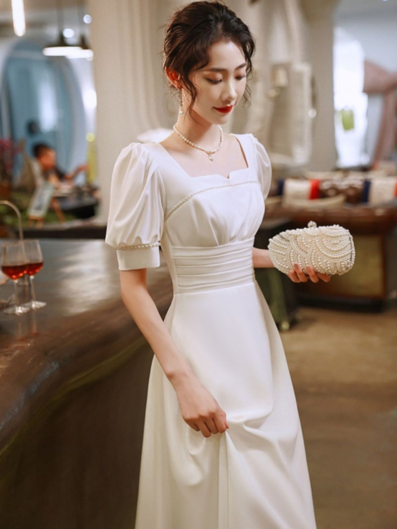 French White Certificate Registration Dress Can Be Worn At Ordinary Times In Summer Slimming Look Puff Sleeves Square Collar Mid-Length Dress - Image 1