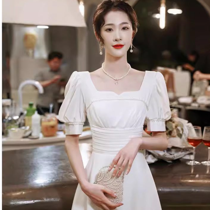 French White Certificate Registration Dress Can Be Worn At Ordinary Times In Summer Slimming Look Puff Sleeves Square Collar Mid-Length Dress - Image 3
