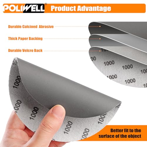 POLIWELL 6 Inch (150mm) 1000 Grit High Performance Waterproof Hook & Loop Sanding Discs Heavy Duty Silicon Carbide Round Flocking Sandpaper for Wet/Dry Sanding Grinder Polishing Accessories, 20-Pack - Image 4