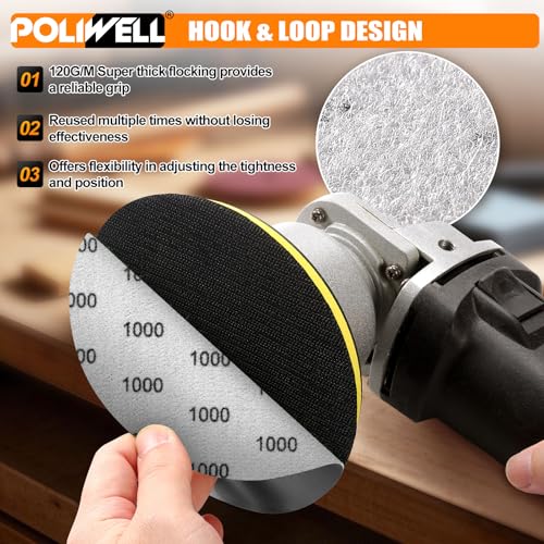 POLIWELL 6 Inch (150mm) 1000 Grit High Performance Waterproof Hook & Loop Sanding Discs Heavy Duty Silicon Carbide Round Flocking Sandpaper for Wet/Dry Sanding Grinder Polishing Accessories, 20-Pack - Image 5