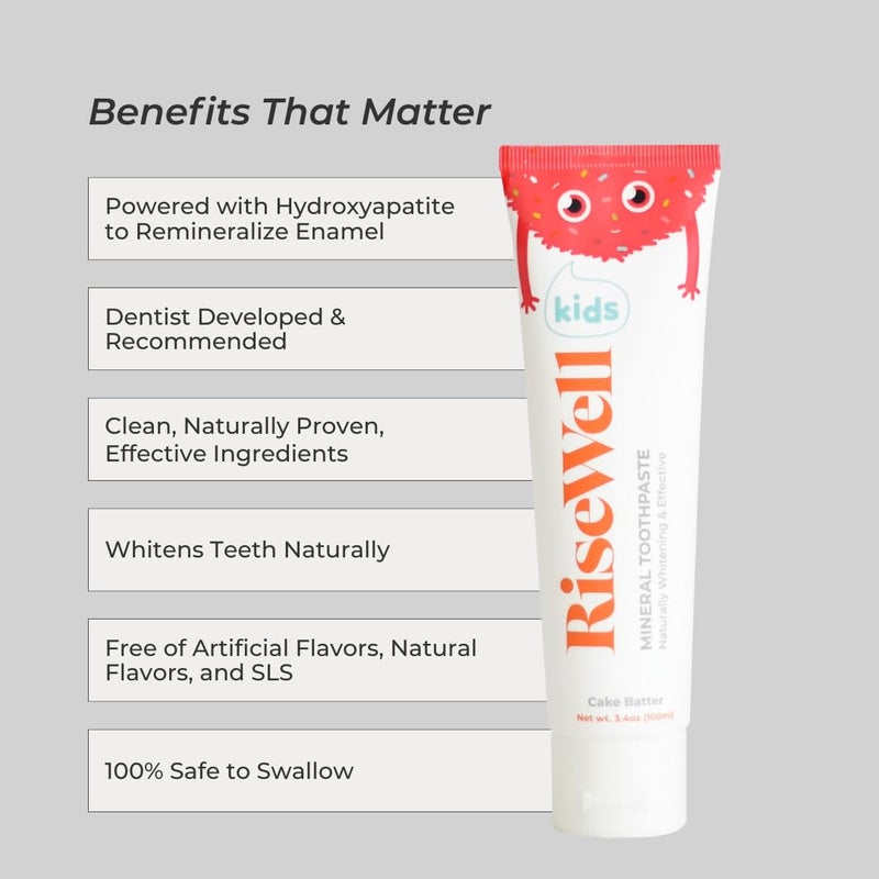 RiseWell Kids Mineral Toothpaste - Kids Hydroxyapatite Toothpaste - Made by Dentists, Safe to Swallow, No Added Fluoride and All Natural - Cake Batter Flavor, 3.4 Oz - Image 2