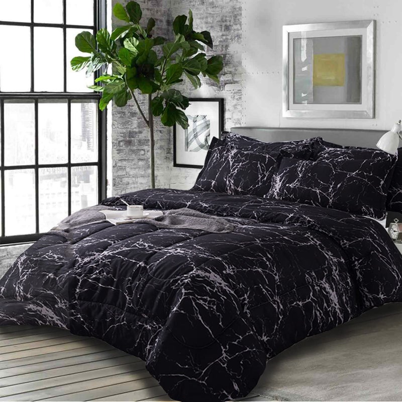 Nanko Comforter Set Queen Size Dark Black Marble Print 88 x 90 inch Reversible Down Alternative Comforter Microfiber Duvet Sets 1 Comforter 2 Pillowcases Modern Bedding for Women Men