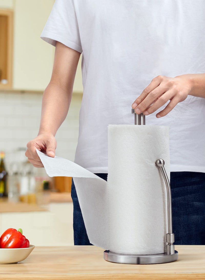 SOLARAE حامل مناديل ورقية لتمزيق بيد واحدة، موزع مناديل ورقية بقاعدة وزن ثابت غير قابلة للانزلاق، ذراع نابض يناسب معظم أحجام لفائف المناديل الورقية، مناديل ورقية من الفولاذ المقاوم للصدأ لسطح المطبخ (فضي) - Image 2