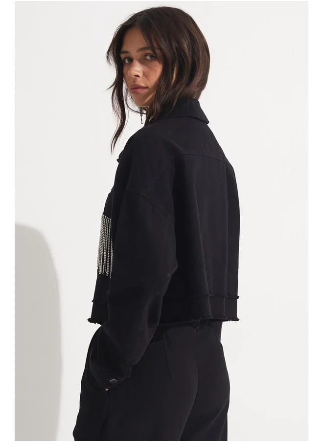 JUNE June Tassel Detailed Gabardine Jacket Black