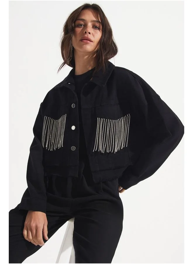 JUNE June Tassel Detailed Gabardine Jacket Black