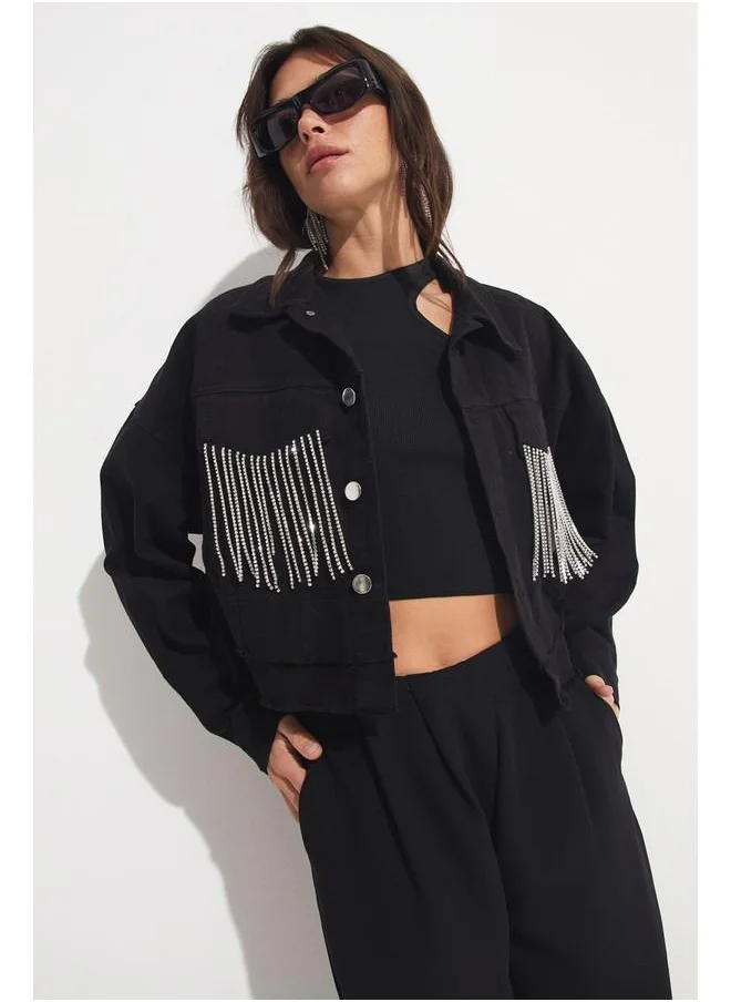 JUNE June Tassel Detailed Gabardine Jacket Black