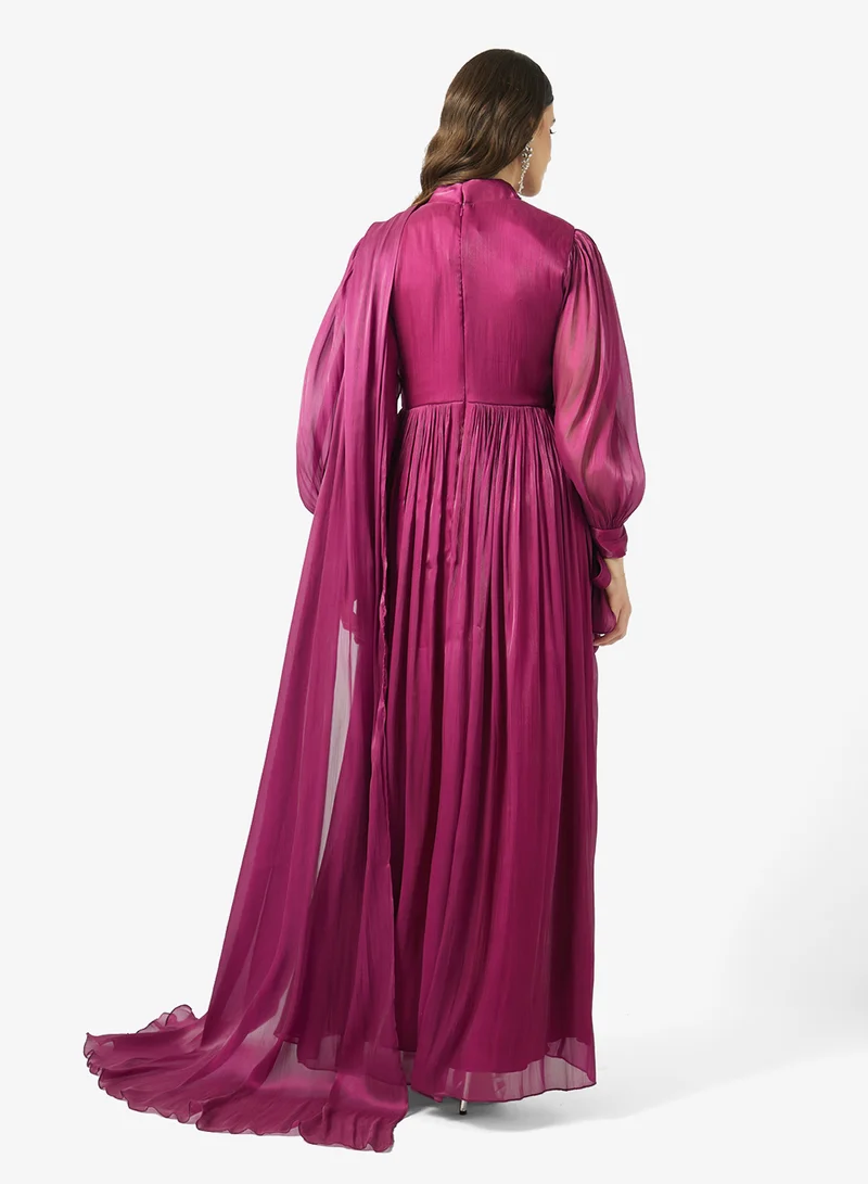 نمشي x Drapped Evenig Trail Dress With Puff Sleeves