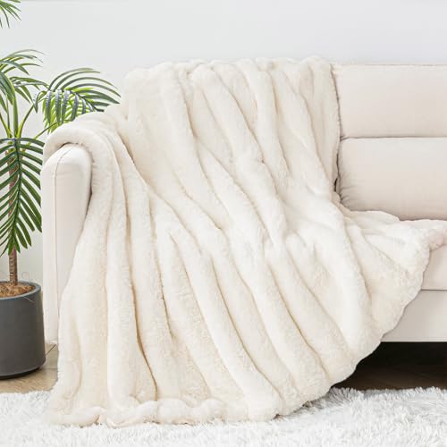 Touchat Luxury Faux Rabbit Fur Throw Blanket for Couch, Super Heavy Warm Cozy Fuzzy Blanket for Sofa Bedroom Living Room, Ultra Soft Fluffy Reversible Plush Blanket for Home Decor Gifts,Cream White - Image 5