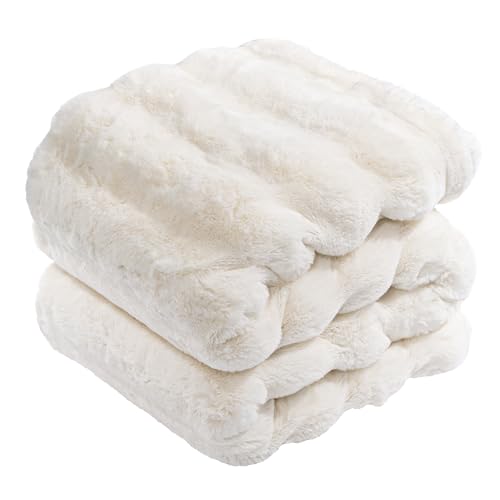 Touchat Luxury Faux Rabbit Fur Throw Blanket for Couch, Super Heavy Warm Cozy Fuzzy Blanket for Sofa Bedroom Living Room, Ultra Soft Fluffy Reversible Plush Blanket for Home Decor Gifts,Cream White - Image 1