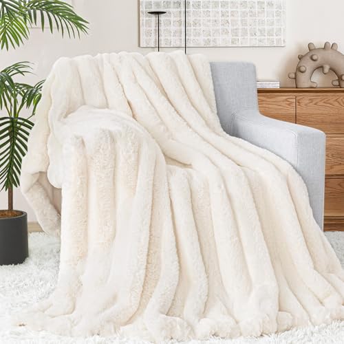 Touchat Luxury Faux Rabbit Fur Throw Blanket for Couch, Super Heavy Warm Cozy Fuzzy Blanket for Sofa Bedroom Living Room, Ultra Soft Fluffy Reversible Plush Blanket for Home Decor Gifts,Cream White - Image 2