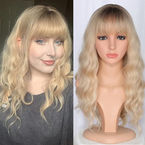 SYMEIW Medium Long Blonde Wavy Wigs For Women Synthetic Full Hair Wigs With Bangs For Daily Use (Blonde) - Image 2
