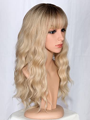 SYMEIW Medium Long Blonde Wavy Wigs For Women Synthetic Full Hair Wigs With Bangs For Daily Use (Blonde) - Image 5