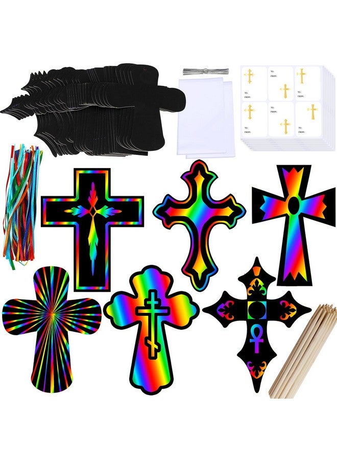 Winlyn 72 Sets 6 Styles Magic Color Scratch Cross Ornaments Craft Kits Rainbow Scratch Art Sets Scratch Paper Crosses with Scratching Tools for Kids Classroom VBS Sunday School Religious Activities - Image 1