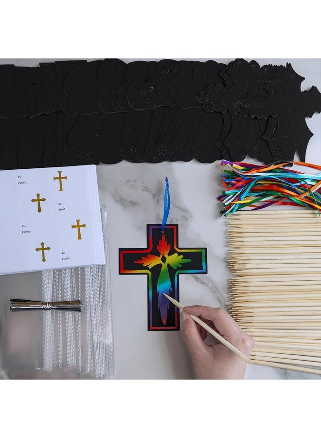 Winlyn 72 Sets 6 Styles Magic Color Scratch Cross Ornaments Craft Kits Rainbow Scratch Art Sets Scratch Paper Crosses with Scratching Tools for Kids Classroom VBS Sunday School Religious Activities - Image 2