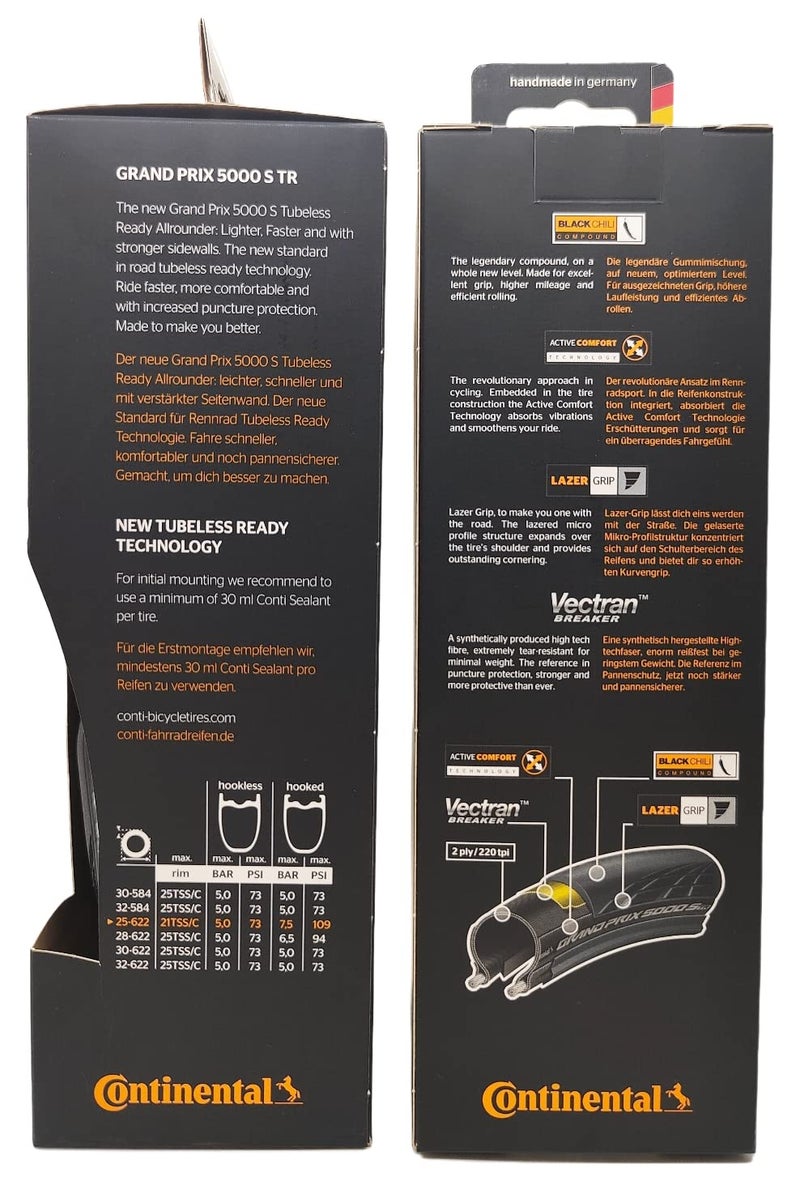 CONTINENTAL إطارات كونتيننتال غراند بري 5000 إس تي آر - جاهزة للاستخدام بدون أنبوب - عبوة من 2 إطارات (700x25 / 25-522)، أسود - Image 2
