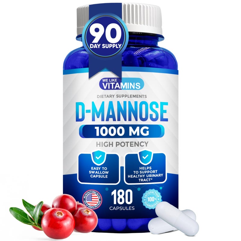 DMannose 1000mg Capsules 180 Easy to Swallow Veggie Capsules Cranberry D Mannose Supplement Helps Support Bladder and Urinary Tract Health