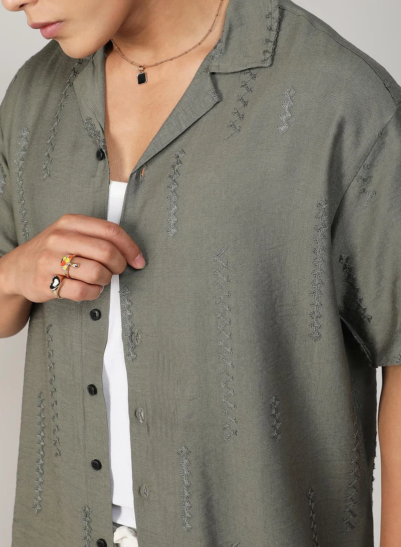 Campus Sutra Men's Olive Green Embroidered Twist Shirt