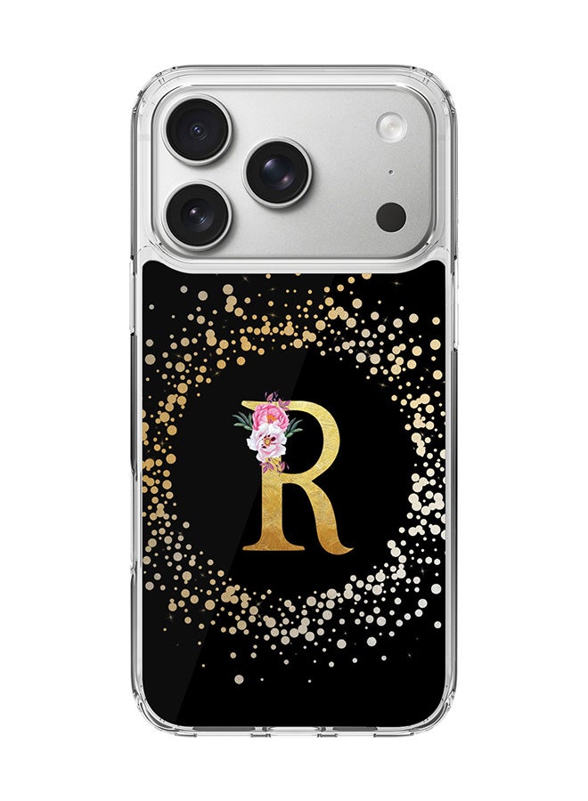 Stylizedd Classic Clear MagSafe Case for iPhone 17 Pro , Hybrid Soft Case Flexible Edges Anti Drop TPU PC Gel Thin Transparent Cover [ Designed for iPhone 17 Pro ] - Custom Monogram Initial Letter Floral Pattern Alphabet - R ( Black )
