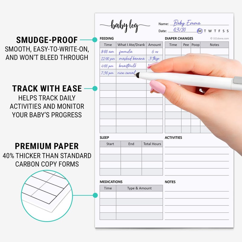 321Done 2-Part Carbonless Baby Daily Log Book, Made in USA â€“ 5.5x8.5 Pad, Newborn Feeding, Diaper, Sleep & Medication Tracker for Parents, Babysitters & Daycare â€“ Daily Infant Tracker â€“ 50 Sets - Image 3