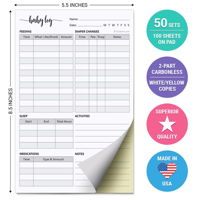 321Done 2-Part Carbonless Baby Daily Log Book, Made in USA â€“ 5.5x8.5 Pad, Newborn Feeding, Diaper, Sleep & Medication Tracker for Parents, Babysitters & Daycare â€“ Daily Infant Tracker â€“ 50 Sets - Image 2