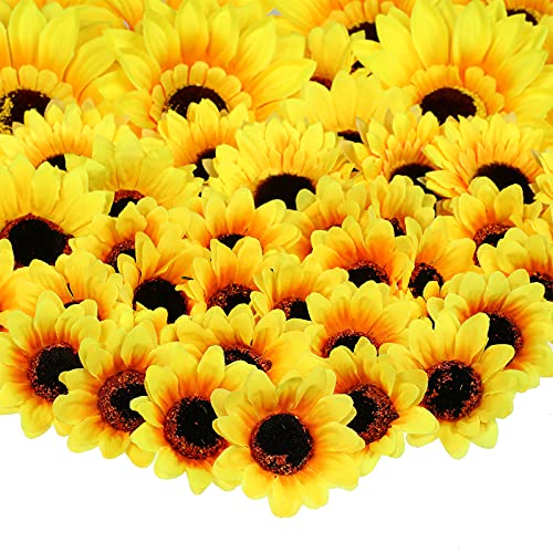 MTLEE 150 Pieces Fake Sunflower Artificial Silk Sunflower Heads Faux Flowers Decoration Yellow Floral Arrangements for Craft Home Party Wedding Decor 157 Inch 275 Inch 35 Inch 51 Inch
