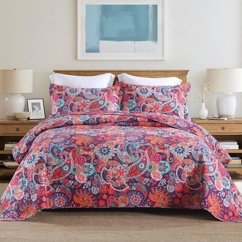 VISIMISI Cotton Bedspread Quilt Sets Reversible Bedding Coverlet Sets Comforter Paisley Floral Bohemian Bedspread,Bohemian Red Gorgeous Pattern,King Size - Image 1