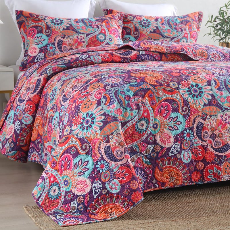 VISIMISI Cotton Bedspread Quilt Sets Reversible Bedding Coverlet Sets Comforter Paisley Floral Bohemian Bedspread,Bohemian Red Gorgeous Pattern,King Size - Image 2