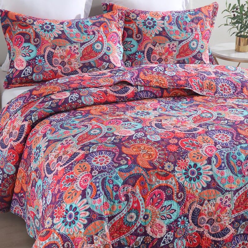 VISIMISI Cotton Bedspread Quilt Sets Reversible Bedding Coverlet Sets Comforter Paisley Floral Bohemian Bedspread,Bohemian Red Gorgeous Pattern,King Size - Image 4