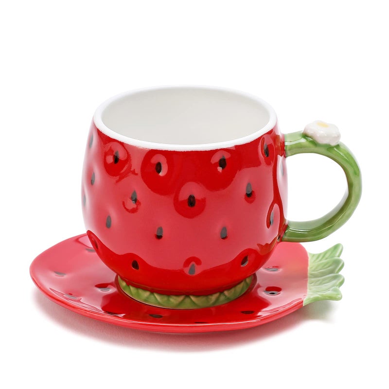 Noviko Ceramic Tea Cup and Saucer Coffee Mug Strawberry Coffee Cup with Saucer  8 Ounce Red
