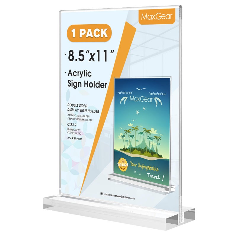 MaxGear Acrylic Sign Holder 8.5 X 11 Inches 1 Pack, Double Sided Plastic Display Stands Table Top Acrylic Frame, Clear Paper Holder Menu Flyer Stand for Stores, Restaurants, Hotels, Office - Image 1