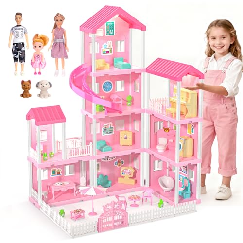 randhar Dreamy Dollhouse Playset for GirlsPrincess Doll House with 4Story 10 areas 2 Dolls Lights PetsFurniture Accessories PretendPlay Toddler Playhouse Gift for 3 4 5 6 7 8 9 Year Old Girls Toys - Image 1