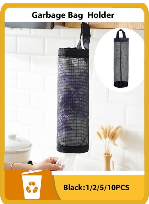 Hanging Mesh Garbage Bag Plastic Bag Holder Organizer Folding Hanging Storage Bag Trash bags Holder Organizer Recycling Grocery Pocket Containers for Home and Kitchen (Black)