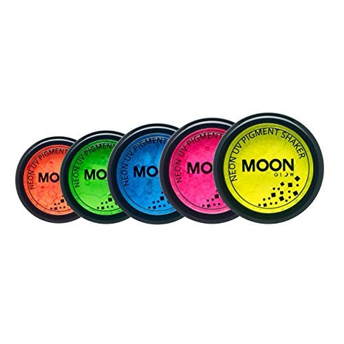 Moon Glow - Blacklight Neon UV Pigment Shaker 0.1oz Set of 5 â€“ Glows brightly under Blacklights/UV Lighting! Use on the face/body, as loose eye shadow and for nail art. - Image 1