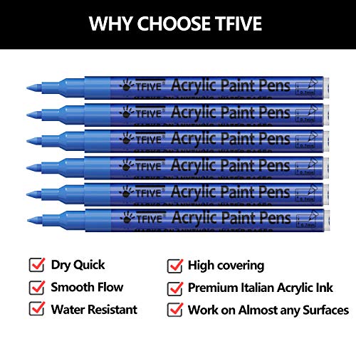 TFIVE Blue Marker Paint Pens - 6 Pack Acrylic Permanent Marker, 0.7mm Extra Fine Tip Waterproof Blue Paint Markers for Art Project, Rock, Ceramic, Glass, Wood, Plastic, Metal, Canvas, DIY Craft - Image 2